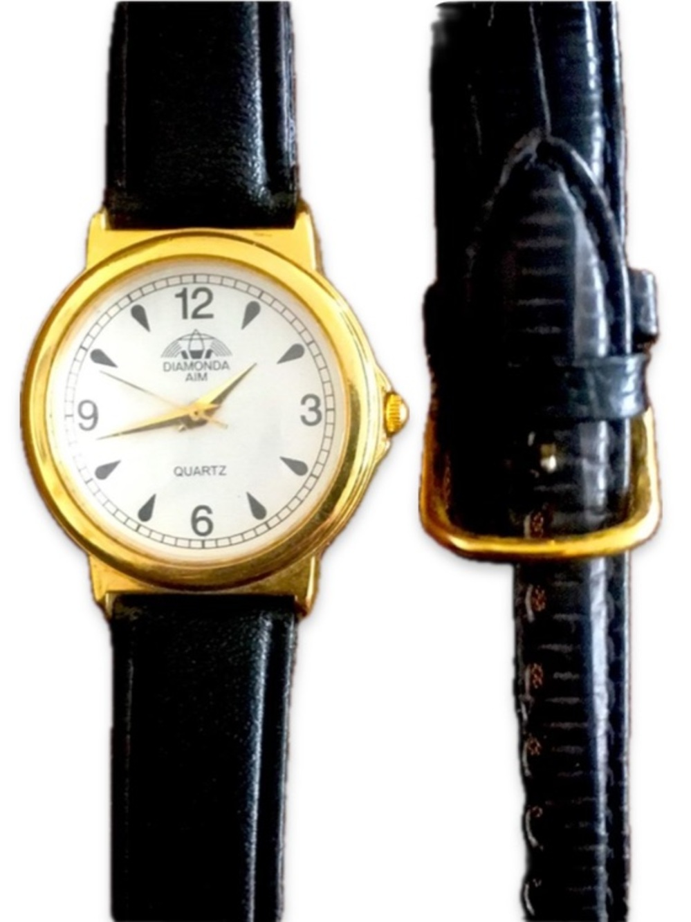 Diamonda Aim Mens Gold Tone Quartz Watch Black Leather Strap Extra Band Set